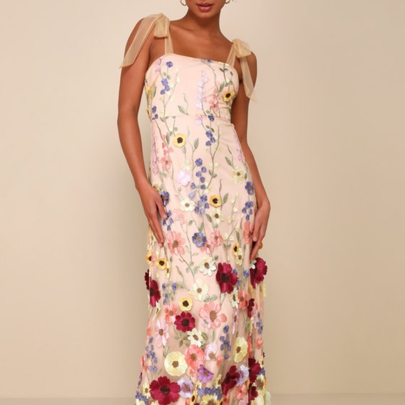 Lulus Thriving Poise Blush 3d Floral Embroidered Tie-strap Maxi Dress Pink - Picture 1 of 1